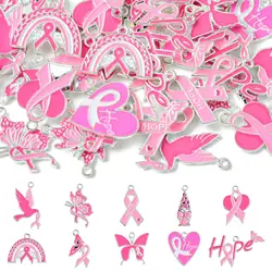 Pandahall 40Pcs 10 Styles Cancer Awareness Charms Enamel Pink Charms Heart Hope Ribbon Charms for Jewelry Making DIY Crafting