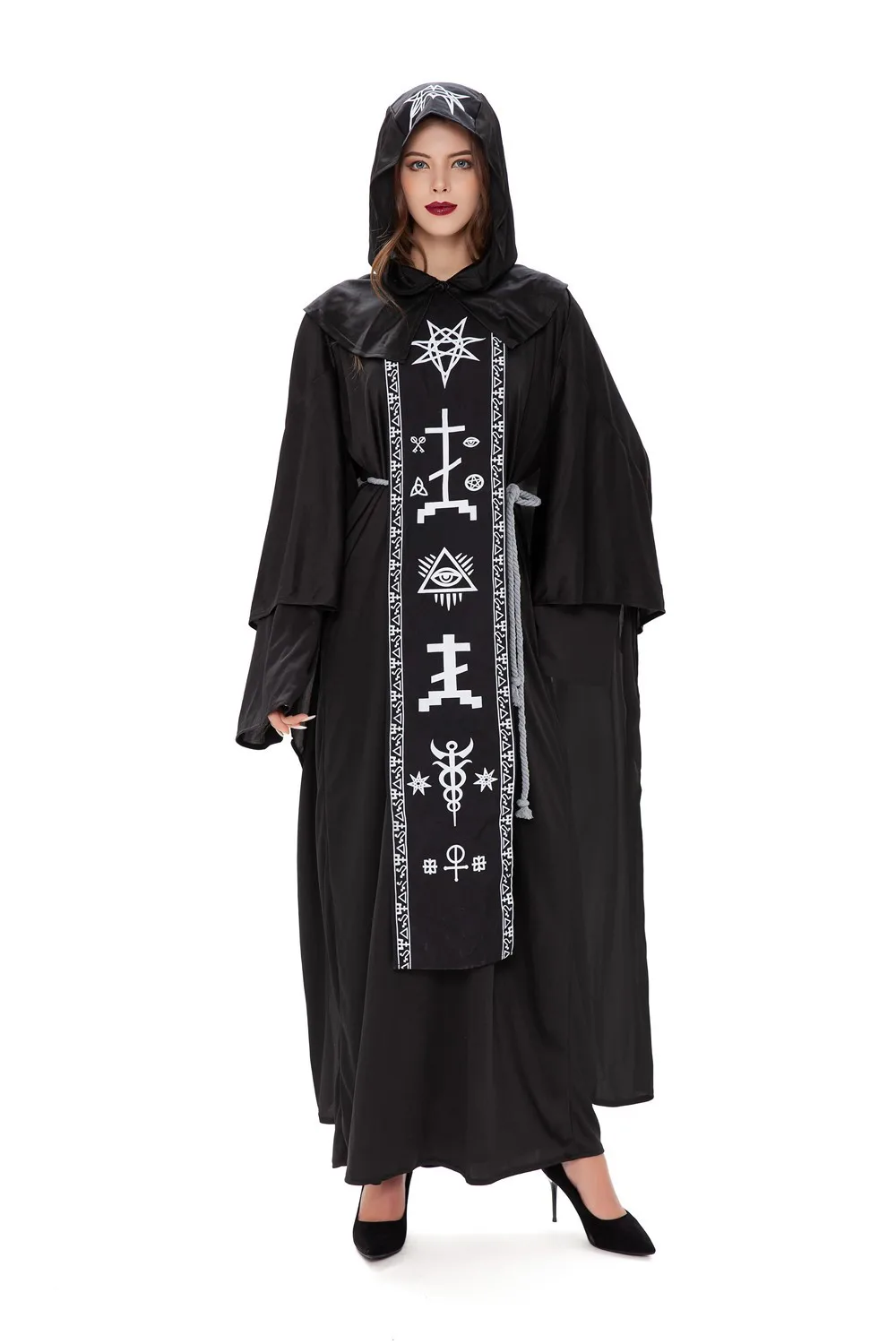 Adulto Medieval Magician Robe Cosplay Costume para Homens Mulheres Preto Com Capuz Bruxa Assustador Diabo Role Play Costume Para Halloween Party