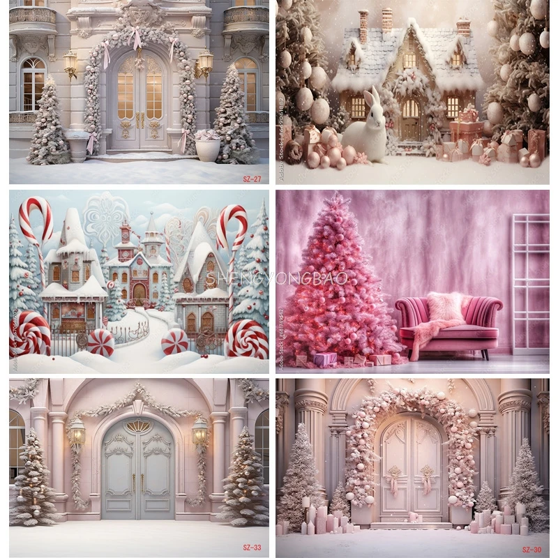 

Traditional Christmas Background Decorations And Garland Arch Pink Balls Winter Snowy Outdoor Photography Backdrops Props SZ-85