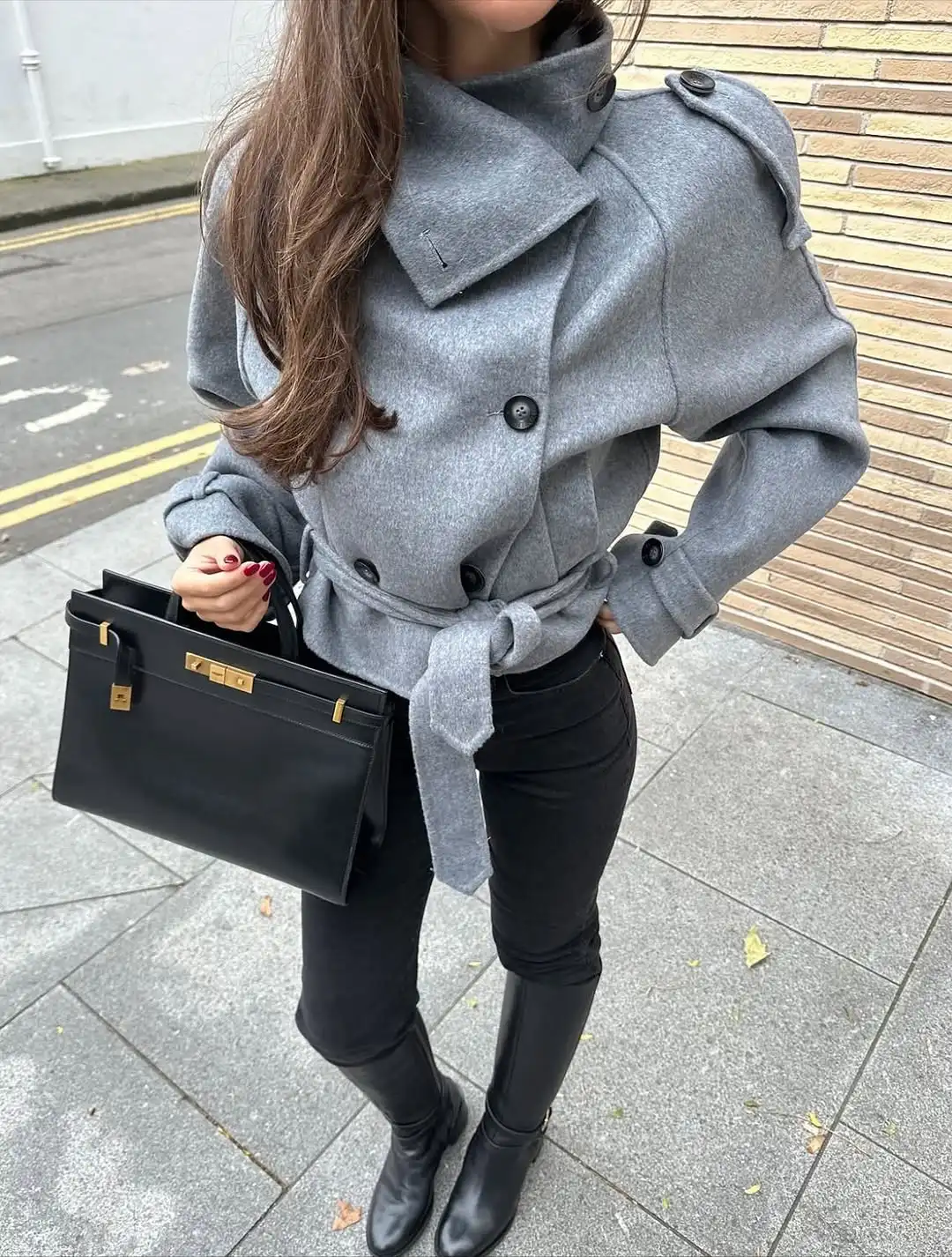 Grey Turtleneck Woolen Coat Women Elegant High Collar Double Breasted Pocket Lace Up Short Overcoat Lady Chic Daily Street Coats