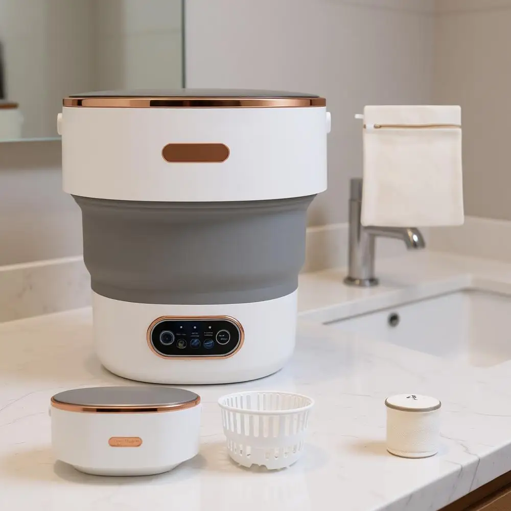 

Мини-стиральная машина 13 л с отжимом для нижнего белья, носков, детской одежды. Идеально подходит для квартир, общежитий, путешествий. Серый.