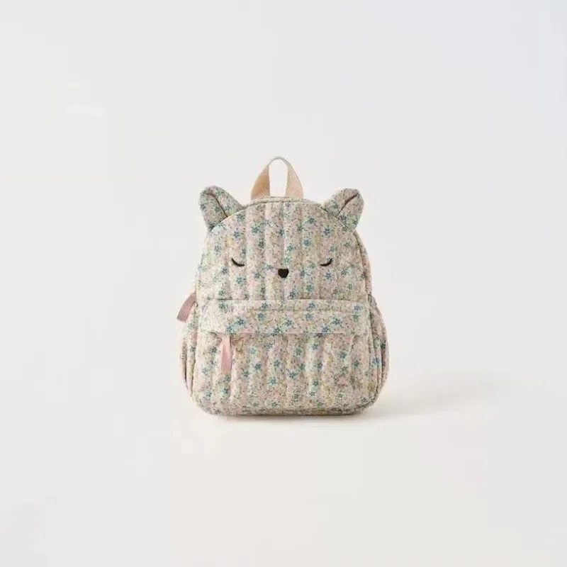 New Arrival Cute Floral Cat Ears Kids Backpack Lightweight Canvas Daypack with Front Pocket for Little Girls