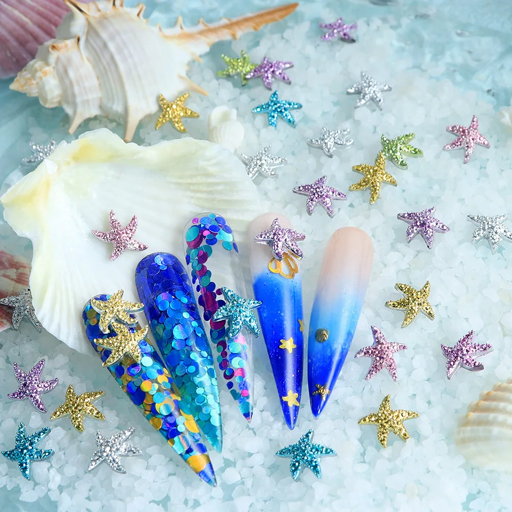 30pc Bulk Imitation Metal Stars Nail Figures Design 3D Resin Ocean Starfish Parts Kawaii Rivet DIY Manicure Decorations Supllies