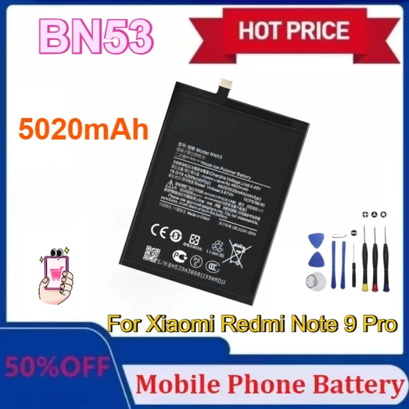 

New Upgraded BN53 5020mAh Mobile Phone Battery for Xiaomi Redmi Note 9 Pro Phone Batteries with Tools