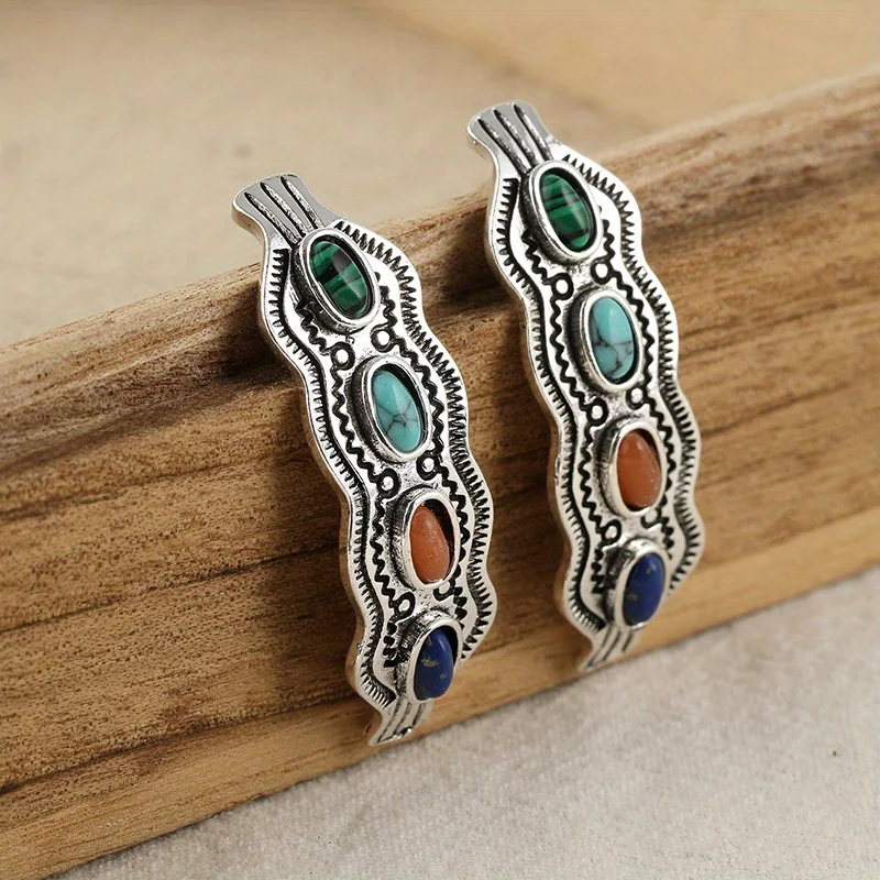 Pendientes De Piedra S Multicolor Bohemios Para Mujer, Joyería Étnica, Medio Redondo, Metal Antiguo, Azul, Naranja