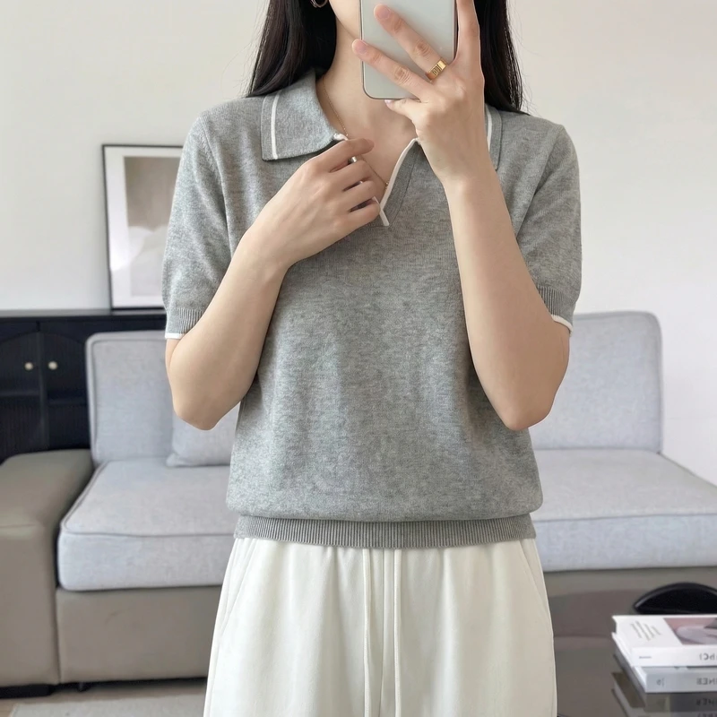 Summer New Women's Short sleeved V-neck Knitted 100% Cotton T-shirt Basic Edition Women's Pullover Short sleeved FashionHot Sale