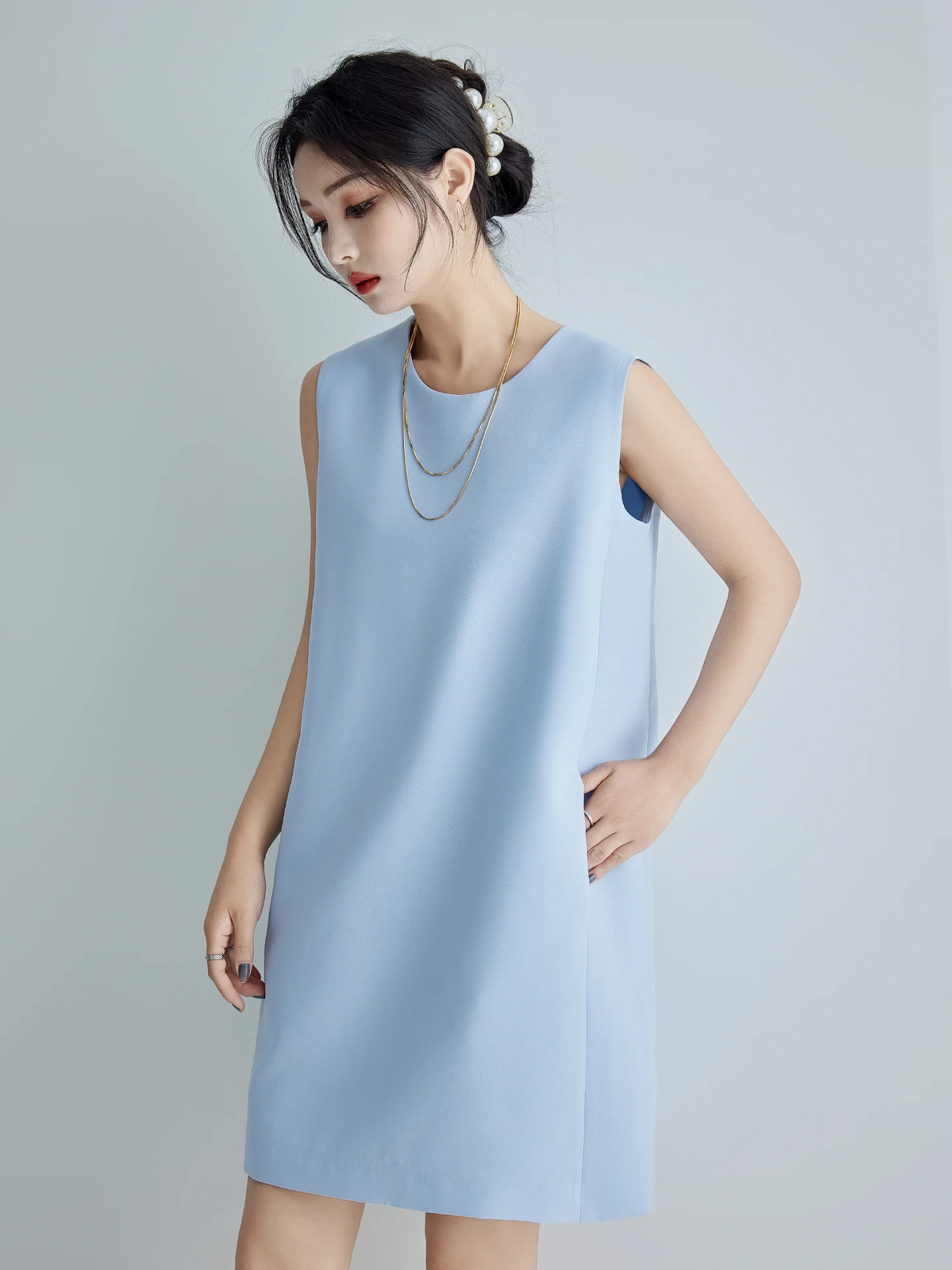 

Loose Fit Three-acetate Blended Fabric Commute Dress Blue Sleeveless Women's Dress Korean Style H-Line Summer Dress