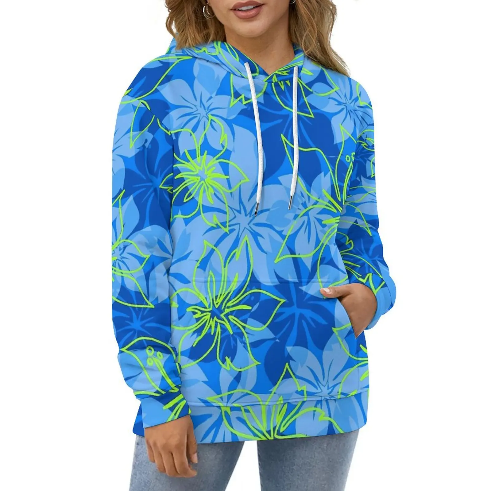 Blue Fower Print Casual Hoodies Hibiscus Hawaiian Y2k Custom Loose Hoodie Autumn Long Sleeve Street Fashion Oversized Clothes