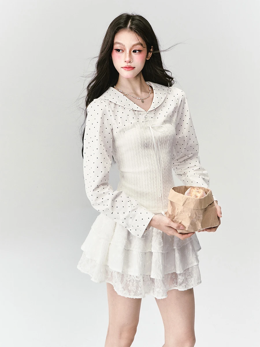 

Военно-морской воротник в горошек, вязаный приталенный крой, дизайн в стиле пэчворк, повседневная женская модная брендовая одежда с хрупким сердцем, осенний сезон