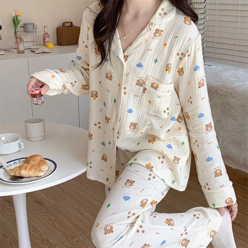 Bear Gauze Pajamas Spring and Autumn Long-sleeved Trousers Sleepwear Cartoon Printing Japanese Homewear Suit Women\'s Pajamas