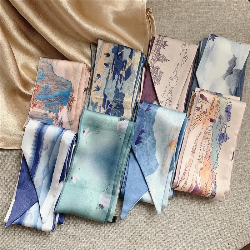 

French Bow Tie Painting Silk Scarf Long Ribbon Oil Painting Headscarf Headband Hair Accessories