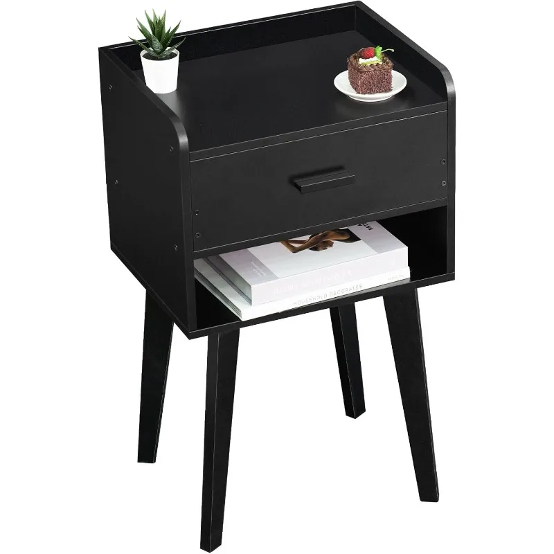 Black Nightstand, Modern Bedside Table with Drawer, Wood End Table for Small Space, Side Table with Storage, Night Stand