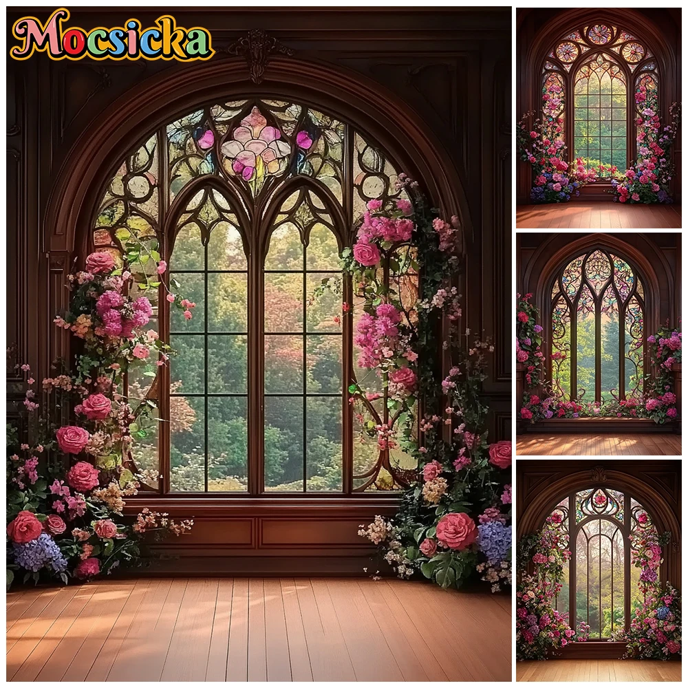 

Mocsicka Gothic Stained Glass Window Photography Backdrop Pink Floral Dark Wood Interior Background Wedding Bridal Shower Props