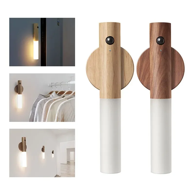 Imagem -02 - Corpo Humano Indução Pequeno Led Night Light Carregamento Usb Armário Corredor Indução Wall Light Imitação de Madeira