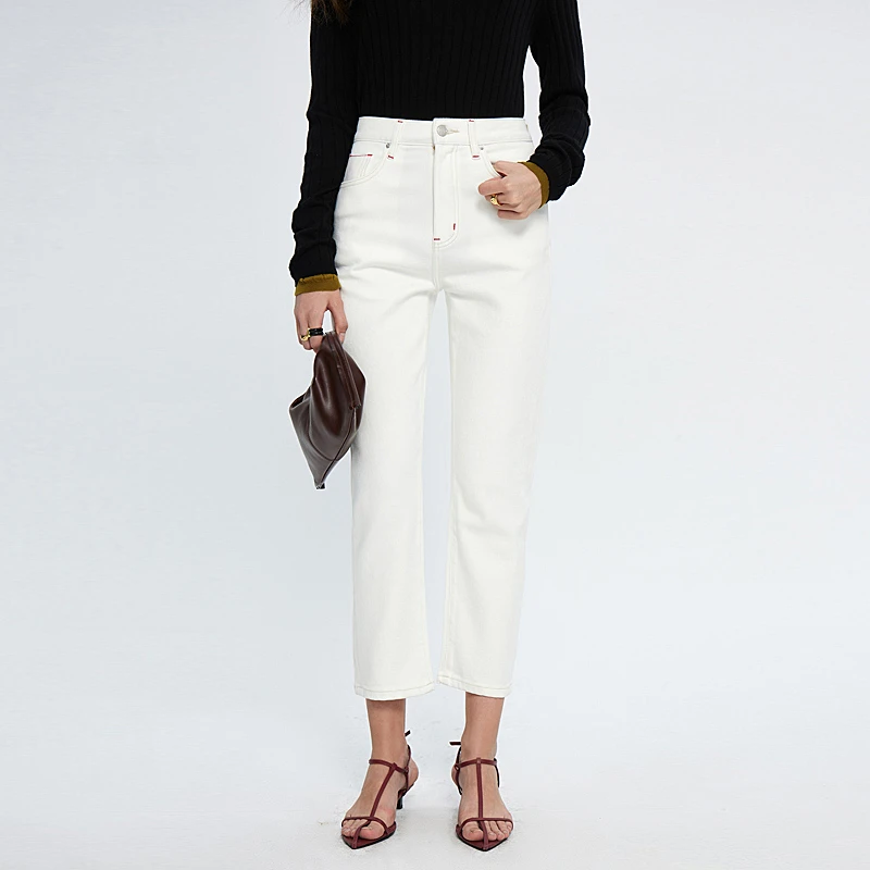 New White Jeans Women Ankle-length Pure Cotton Pants Female's Solid Color Trousers