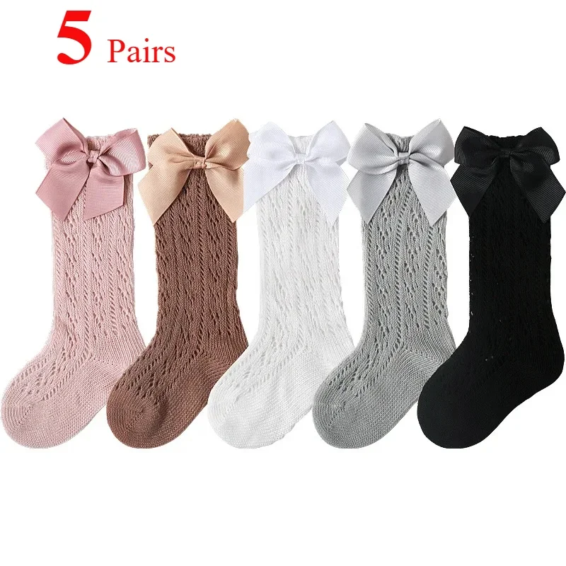 5 Paar Kindersocken für Mädchen, mittellange Socken, 3D-Schleife, Prinzessin, niedlich, weich, atmungsaktiv, Zuckerwatte, Farbe, modisch, für Kinder, Mädchen, Kleid
