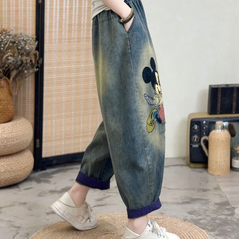 

y2k woman jeans denim Disney New Mickey Applique Embroidered Jeans for Women, Versatile Slim Plus Size Loose Cropped Harem Pants