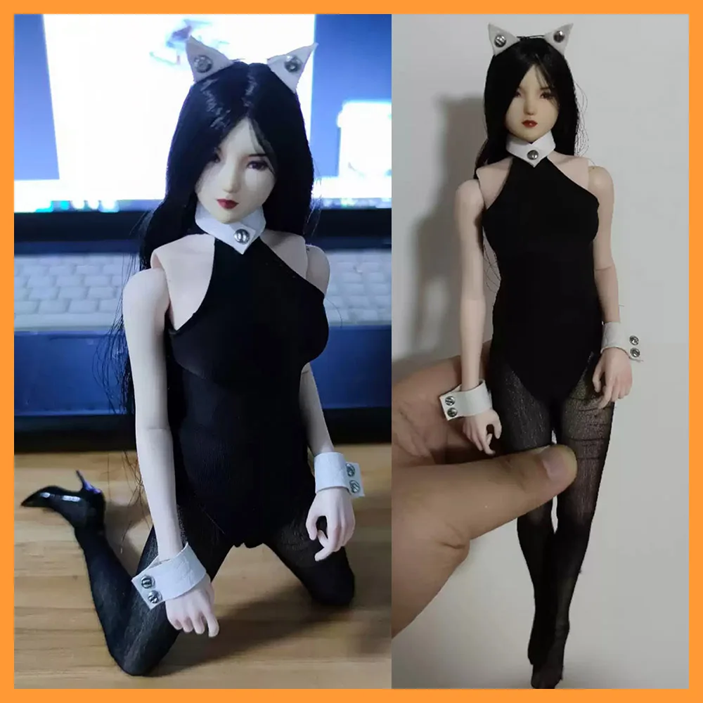 Conjunto de roupas sexy Cat Girl, soldado feminino, macacão halter biquíni apertado, colar e pulseira de couro, 12 em figura de ação, escala 1:6