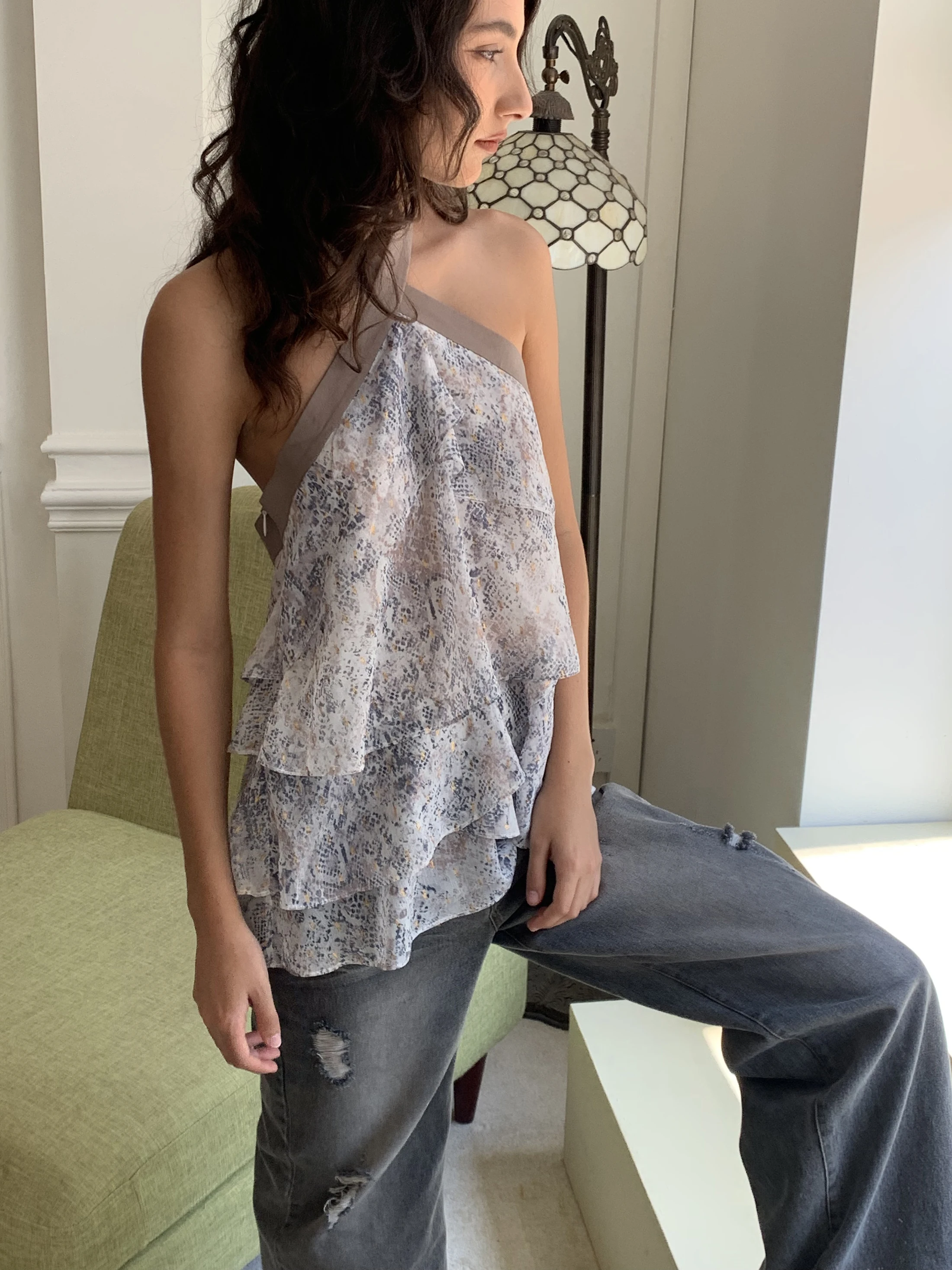 

Se Jiong оригинальный дизайн, топ из змеиной кожи с рисунком, желтый топ с золотыми зубьями, шифоновый жилет Bal Splice с подвесным ремешком для женщин