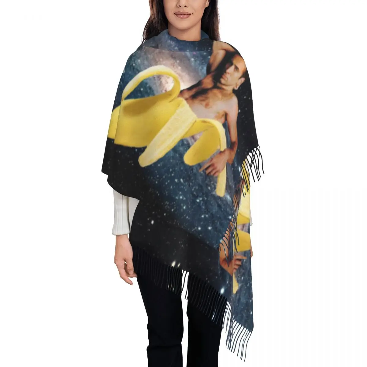 Nicolas Cage In A Banana Scarf Wrap Women Long Winter Fall Warm Tassel Shawl Unisex Space Scarves