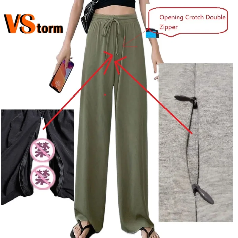 Double Zipper Open Ice Silk Wide-leg Pants Female Summer Students Feel Relaxed Joker High Waist Elastic Thin Straight Pants