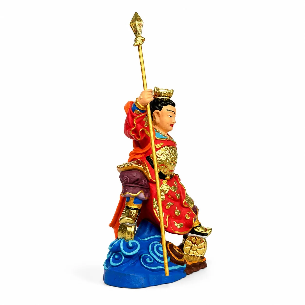 Hand Carved Thuja Wood Nezha Statue with Gold Leaf Detailing for Traditional Chinese Feng Shui Home Office Desk Decor Gift