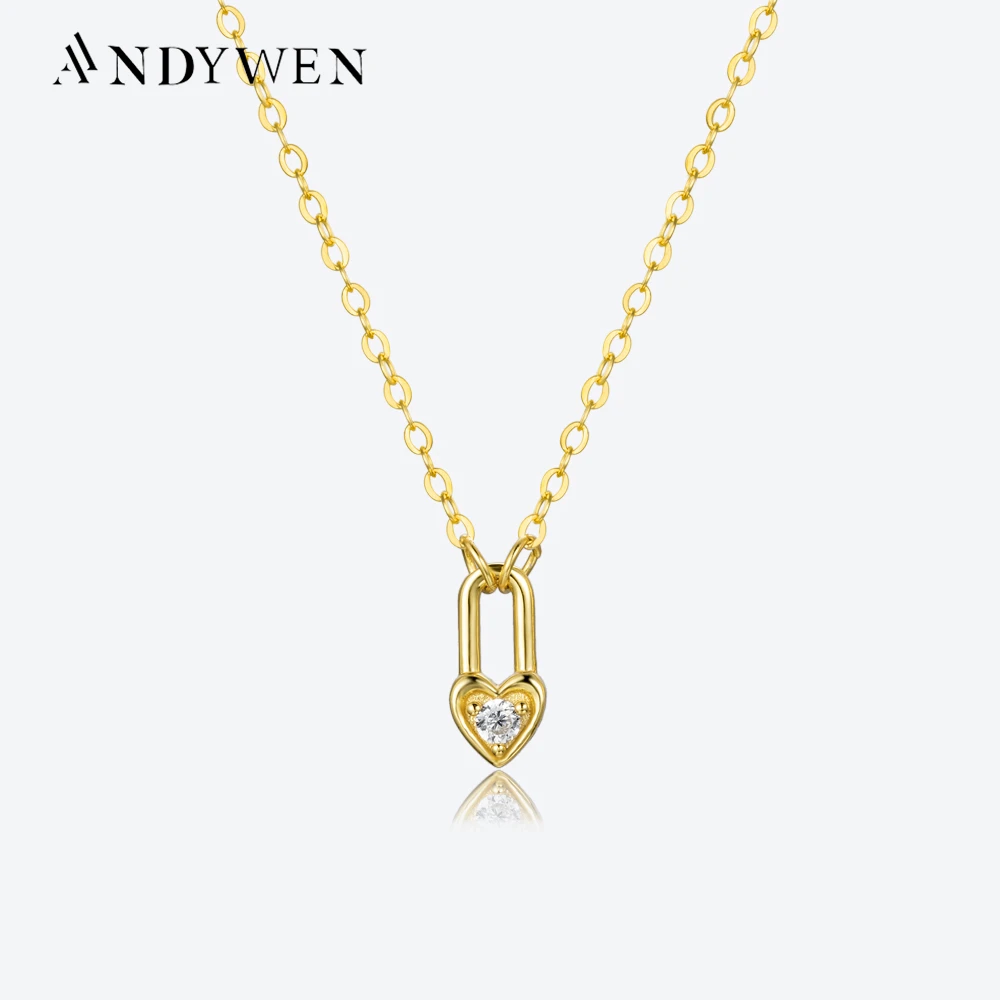 ANDYWEN 925 Sterling Silver Square Heart Padlock Necklace Women Drop Key Love Choker Luxury Wedding Jewelry 2022 Crystal