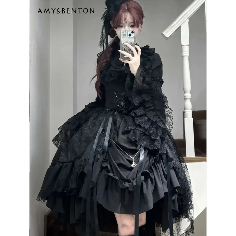 

25COSGothic Sub-culture Lolita Suit Gorgeous Lace Horn Sleeve Shirt Cross Fishbone Waist Seal Adjustable Mid-length Skirt Suit W