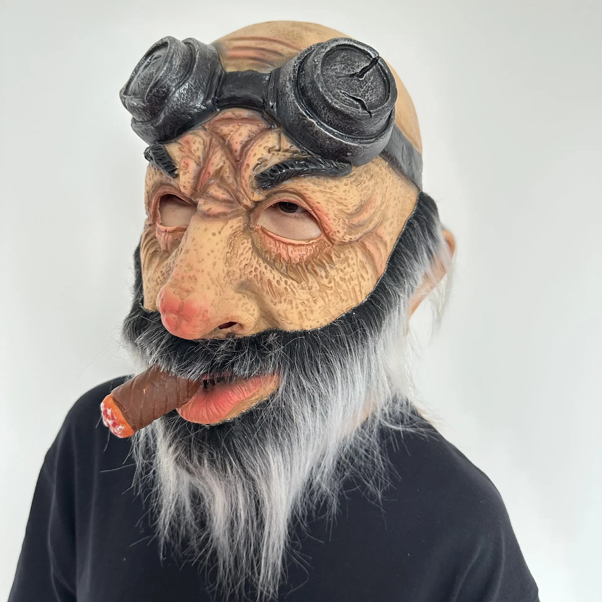 Halloween New Grandpa Wig, Elderly Mask Headset, Smoking, Bald Head, Horror Party Mask