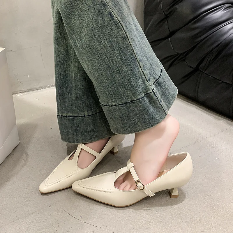 

Pointed Toe Buckle-heeled Single Shoes Retro Solid Color Women's Shoes Medium Heels Casual Shallow Mouth Zapatos Mujer
