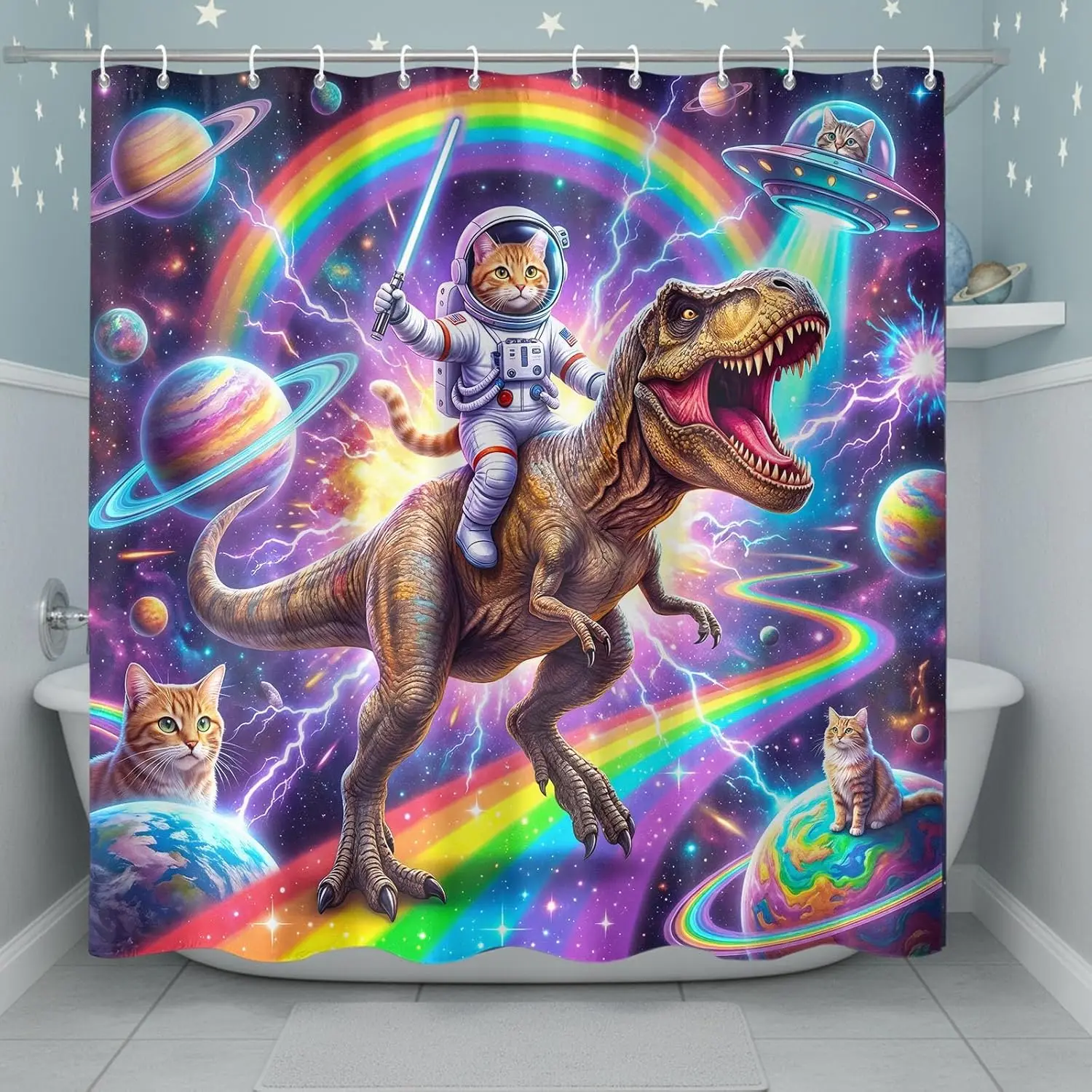 Funny Astronaut Cat Dinosaur Shower Curtain, Fun Meme Cool Colorful Space Galaxy Rainbow UFO Kids Waterproof Bath Curtain