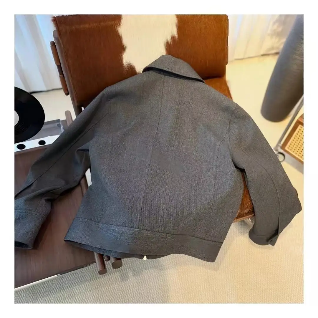 Men Women Vintage Lapel Collar Zip Up Jacket Utility Cargo Pockets Bomber Coat Loose Fit Unisex Spring Fall Casual Outerwear