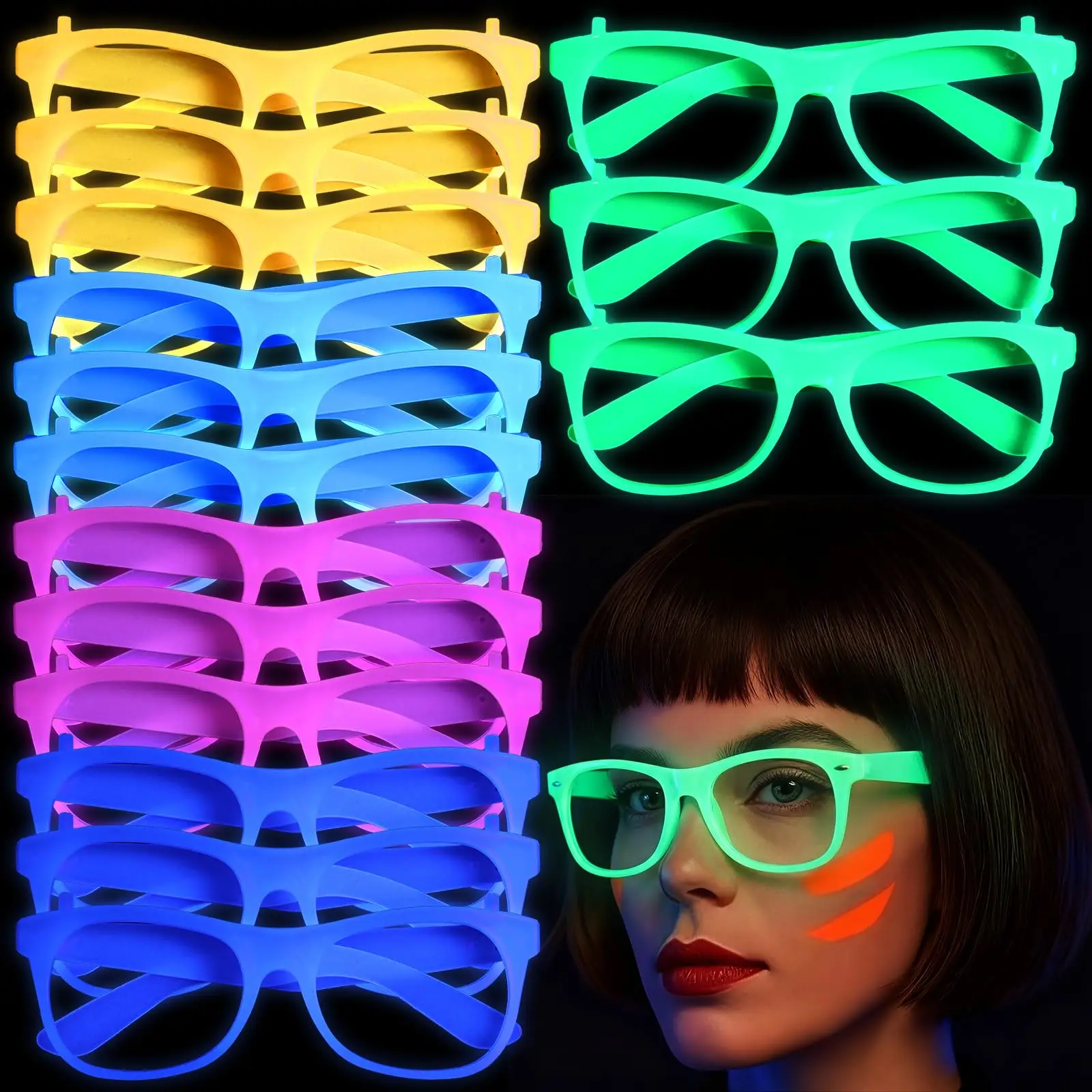 2/24 Stück Leuchtende Neon-Brillen ohne Gläser, Leuchtende Brillengestelle, Partyzubehör für Halloween, Abschlussball, Geburtstagsdekoration, Foto-Requisiten – Detail 19