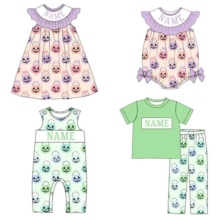 Custom Name Halloween Children's Clothing Green Spooky Pumpkin Print Boy's Onesie Purple Girl's Dress Bubble Romper