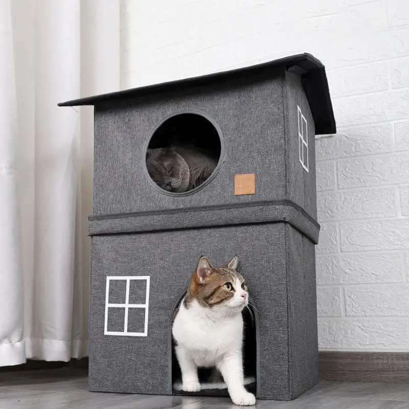 Cat Houses For Indoor Cats 2-Layer Indoor Foldable Pet Shelter Quick & Easy Assembly Cat Beds Semi-enclosed Pet House Cold