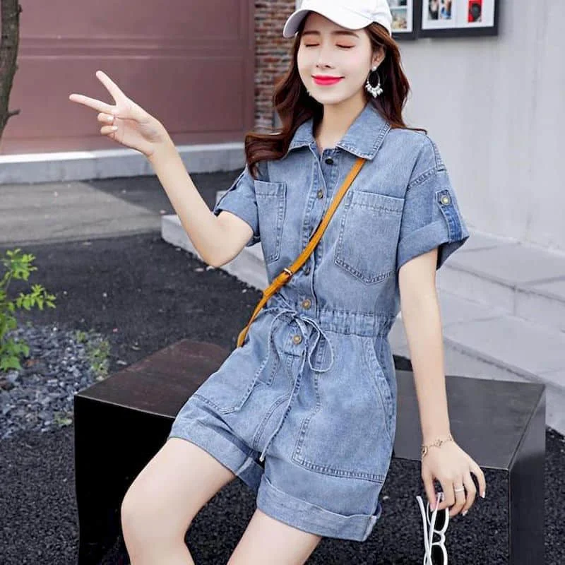 Denim Jumpsuit Women Half Sleeve Solid Oversize Casual Pocket One Piece Outfit Women Playsuit Vintage Pants Overalls for Women