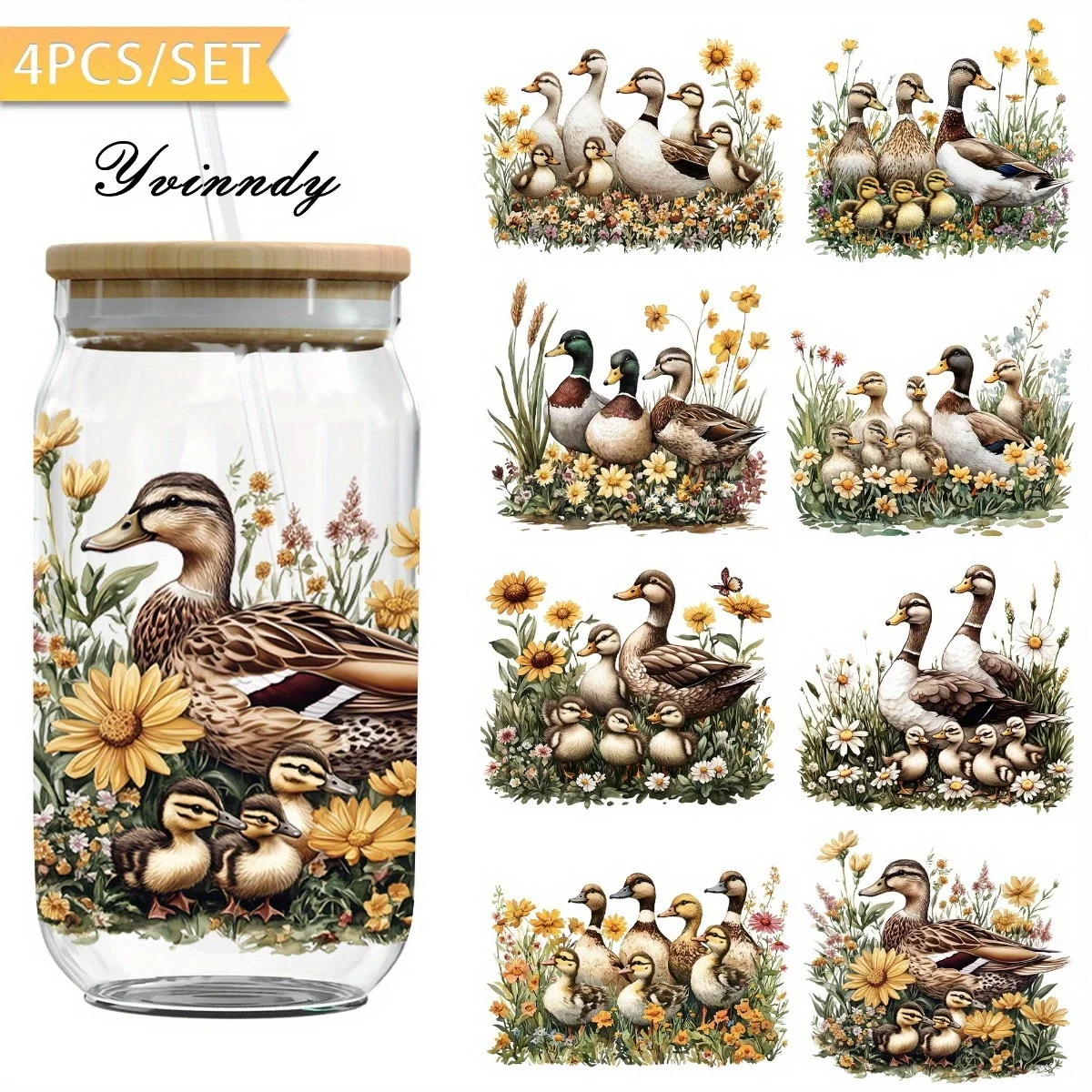 4PCS/SET Flower Wild Duck DIY Light Beigeny Tumblers Wrap Decorative Transfer Paper UV DTF High Self-adhesive Wraps