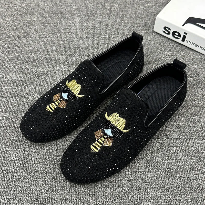 Handsome Street Style Rhinestone Designer Men\'s Shoes Leather Casual Loafers Fashion Breathable Men Flats Soft Moccasins Black