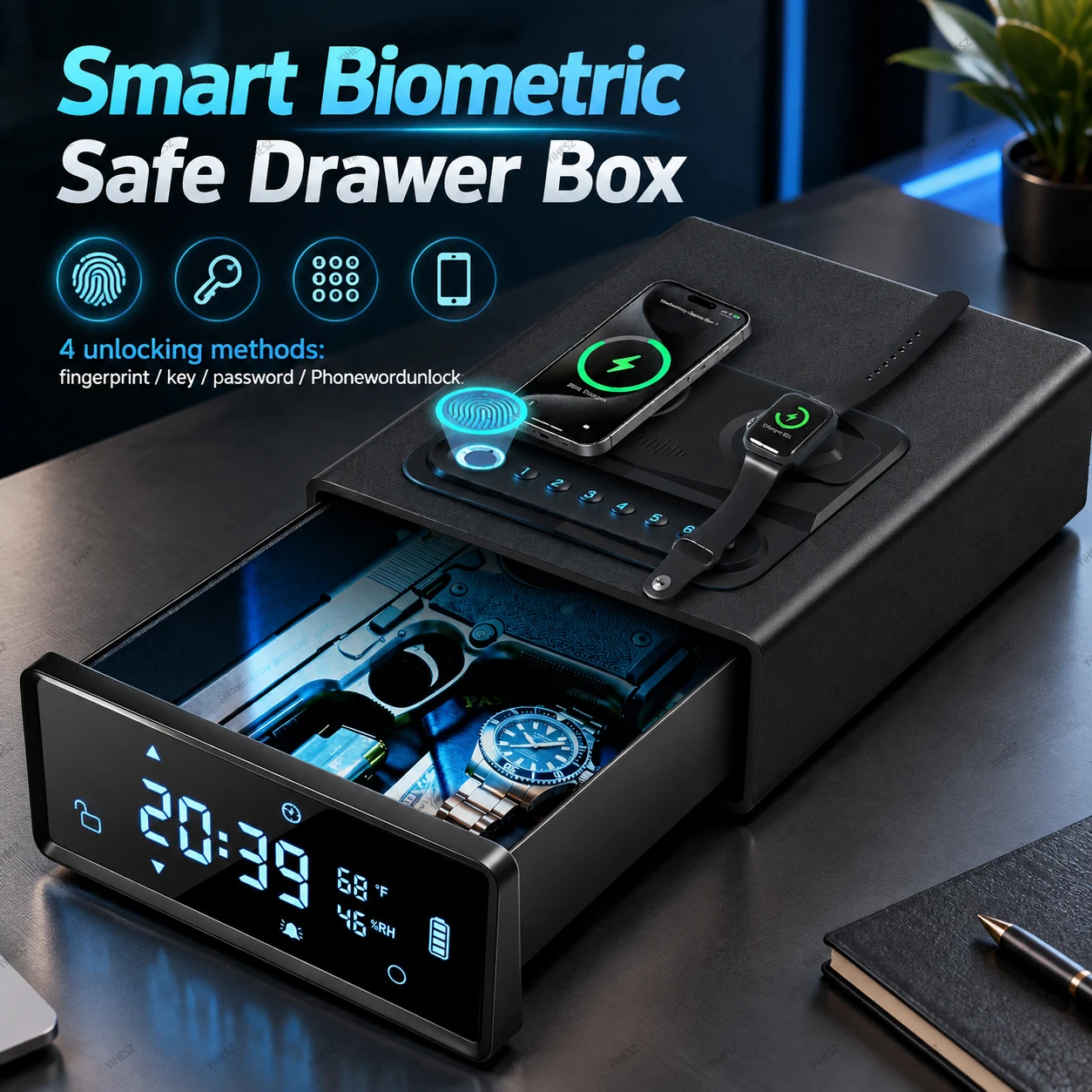 Smart Home Gun Safe Box Fingerprint Digital Password TuyaAPP Unlock LED Screen For Cash Jewelry Documents Home Office Storage