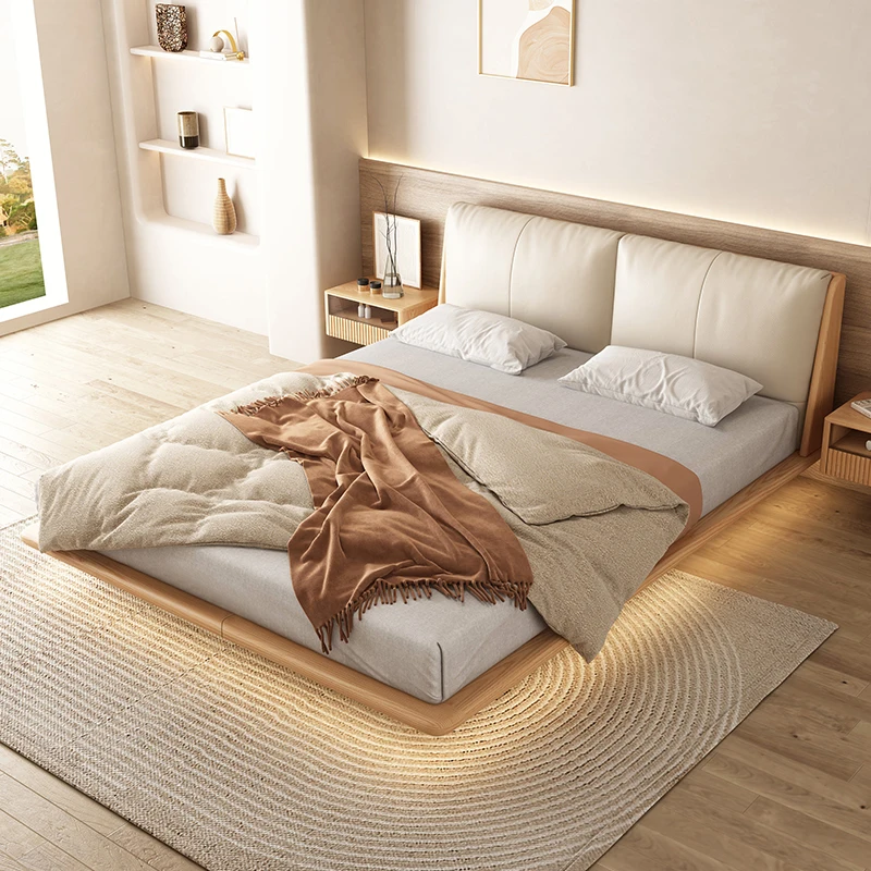 

High-end solid wood suspension bed simple log cream Japanese double master bedroom 1.8m ash wood furniture tatami bed