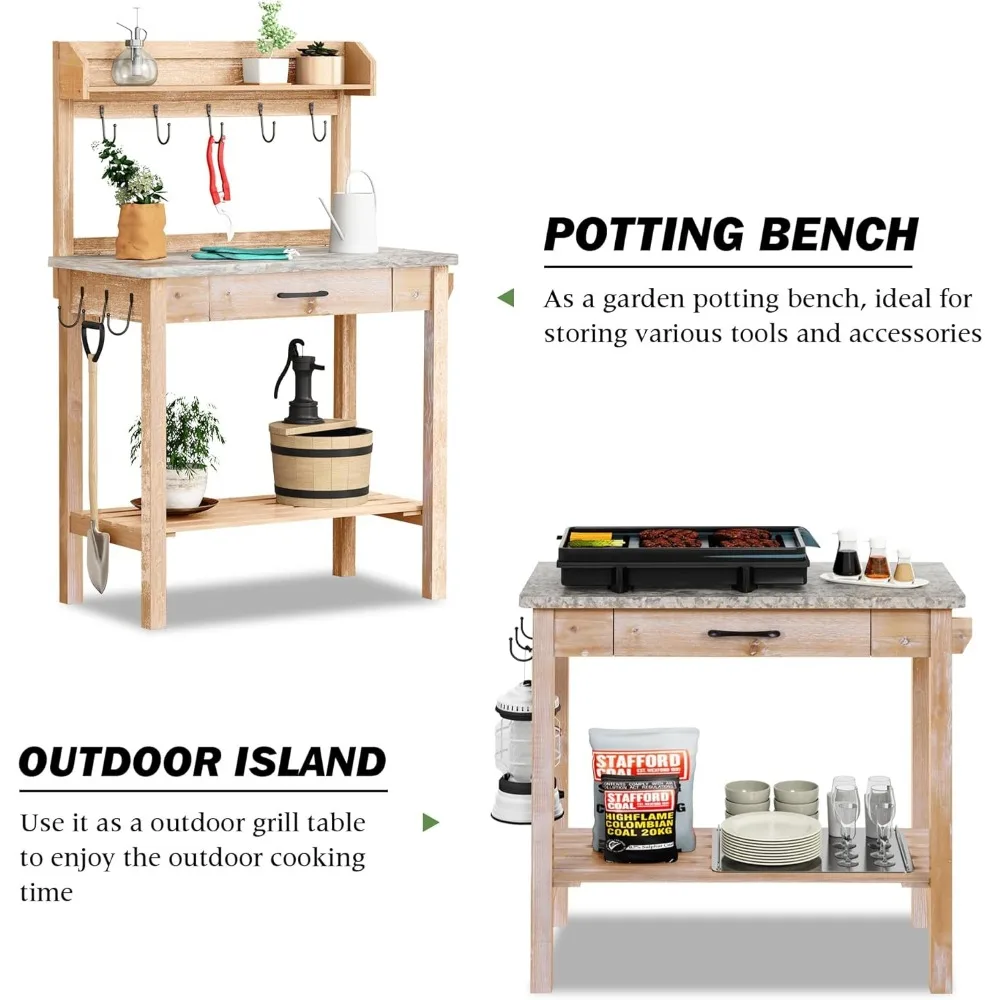 Outdoor Potting Bench Table with Metal Tabletop, Planting Table Potting Work Station with Storage Drawer and Removable Shelf