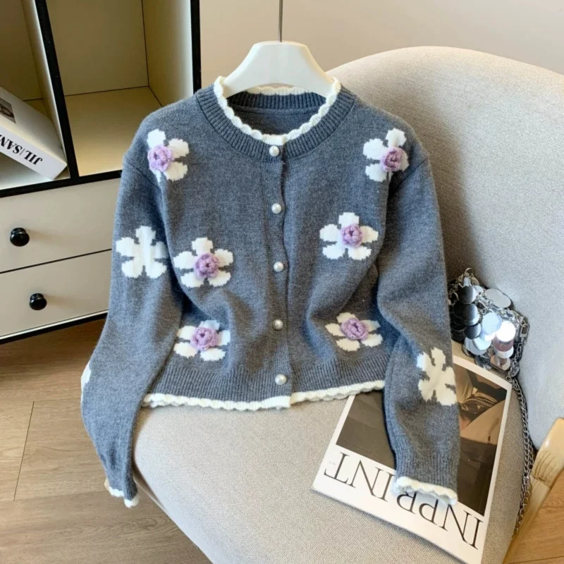 Fashion Knitted Flower Short Knitting Jacket Women Tops Round Neck Single-Breasted Long Sleeve Black White Gray Knitted Sweater