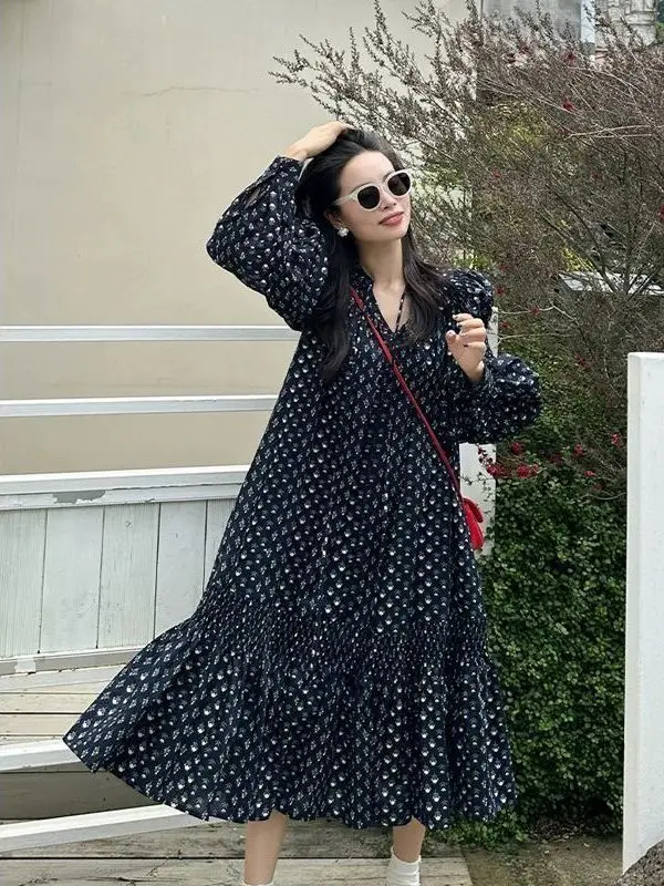 حجم كبير 300 Pou المرأة الأزهار طويلة Dr الكورية Sle فضفاض Svel Dr عالية الخصر ألف خط تنورة مريحة للتنفس...