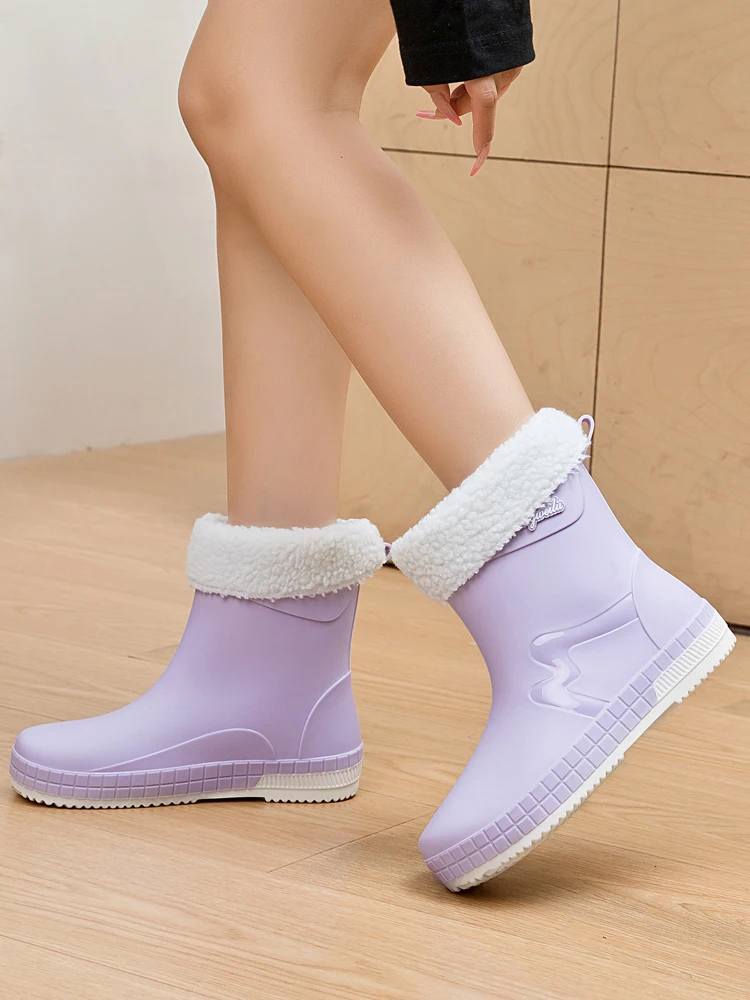 Women's Soft Bottom Rain Boots Fleece Lined Detachable Slip Resistant Warm Kitchen Shoes Waterproof Short Tube Rubber Shoes