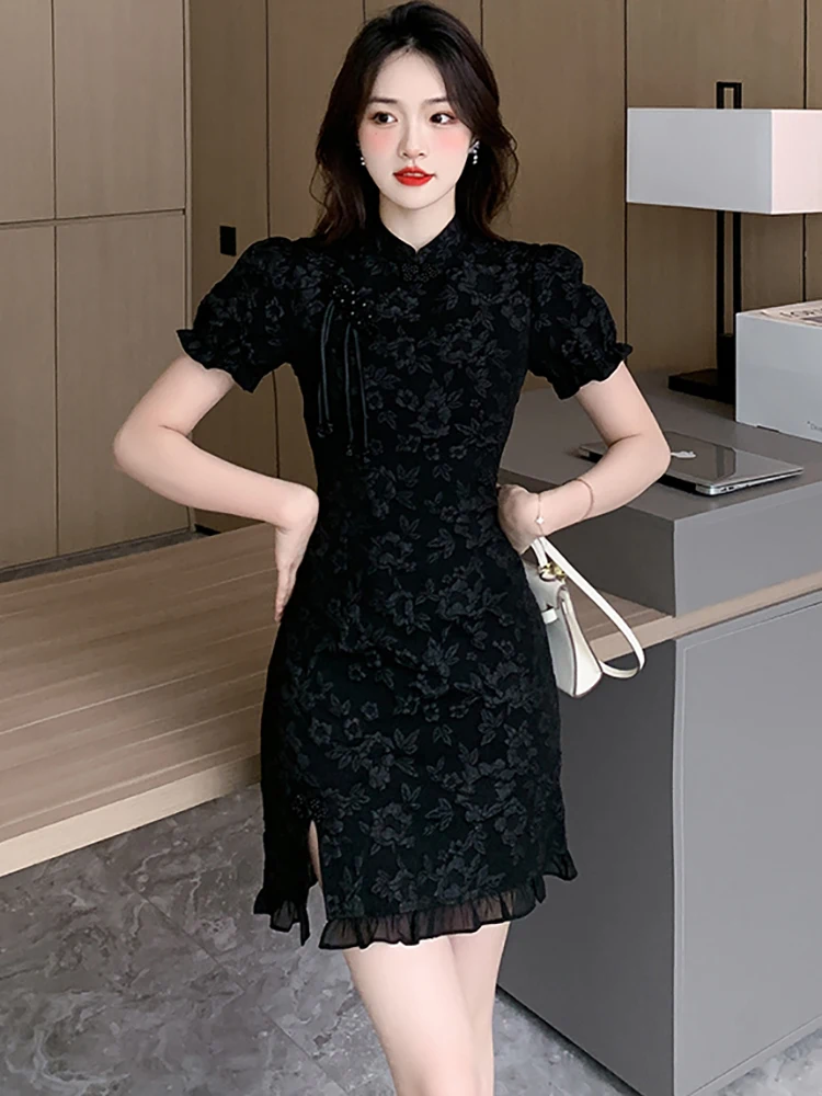 2026 Black Jacquard Chic Ruffled Kawaii Mini Dress Women Fashion