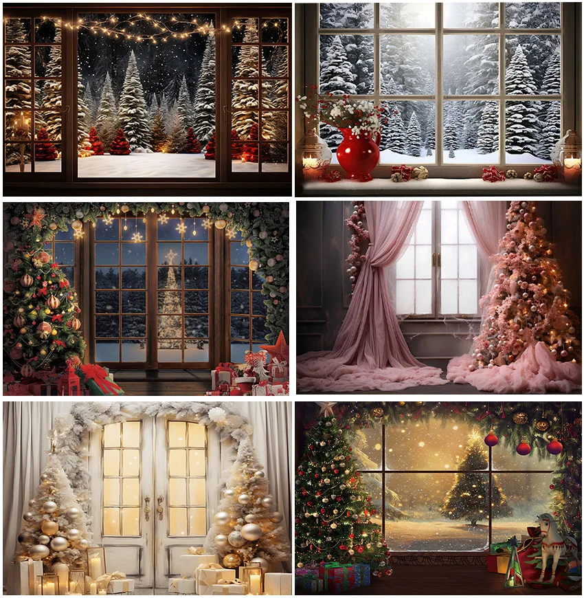 

Winter Christmas Night Xmas Trees Photography Backgrounds Window Snowy Forest Family Gathering Portrait Gifts Decor Backdrops