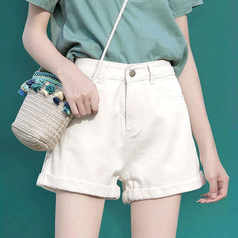 Beige denim shorts female summer thin 2024 new spring and fall high waist loose thin a word wide-leg leisure hot pants