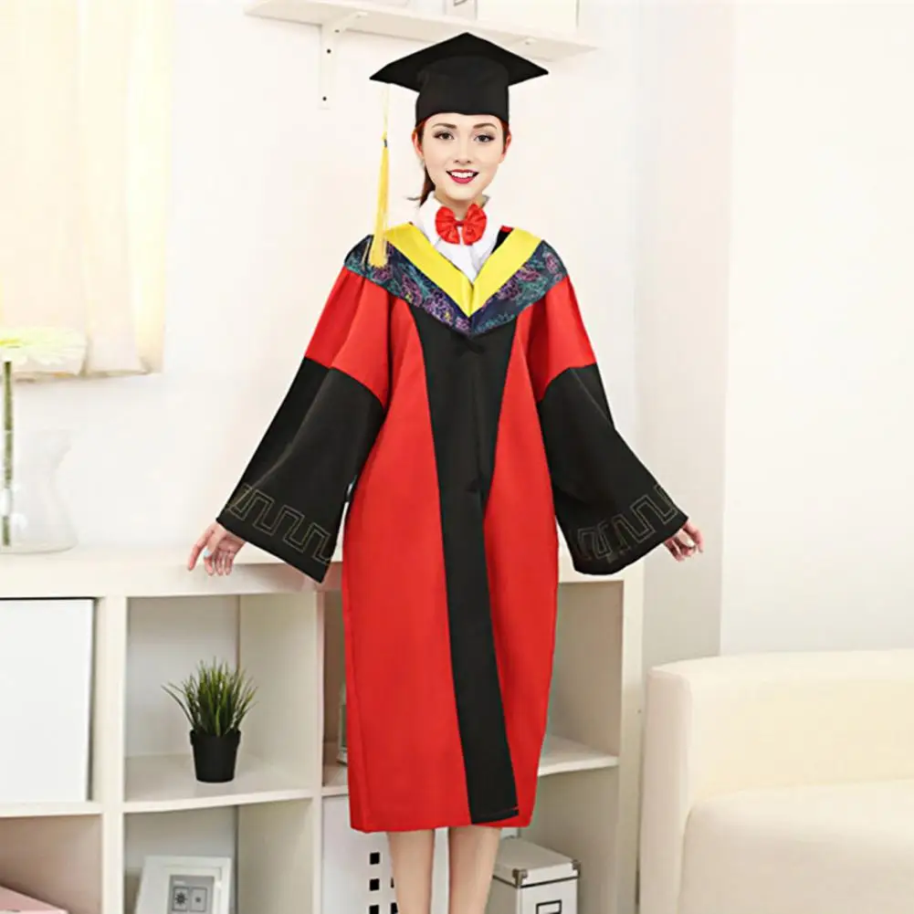 2 Pcs/Set Bachelor Uniform with Hat V Neck Knee Length Long Sleeve Hidden Button Liberal Arts Student Graduation Robe Graduation