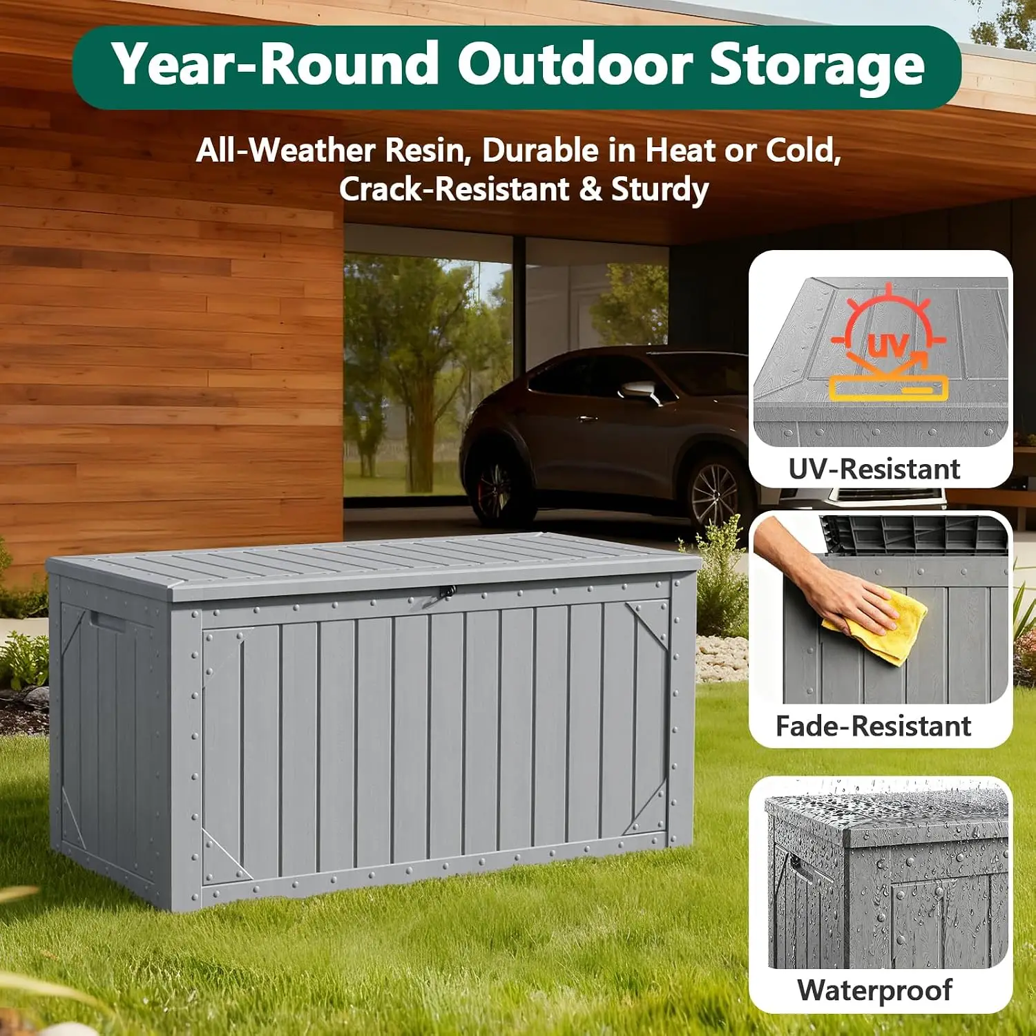 Outdoor Storage Box, 98 Gallon Deck Box, Outdoor Storage Bench, Waterproof Resin Storage Bench with Lockable Lid, Patio Furnitur