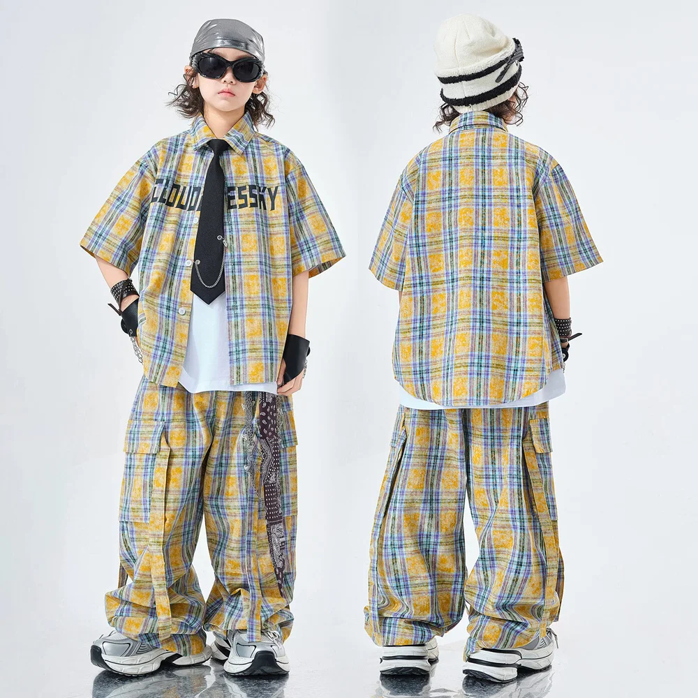 

Детский комплект: модная уличная одежда в стиле хип-хоп для мальчиков и девочек, свободная рубашка в клетку с коротким рукавом и брюки карго, костюм для выступлений, спортивный костюм